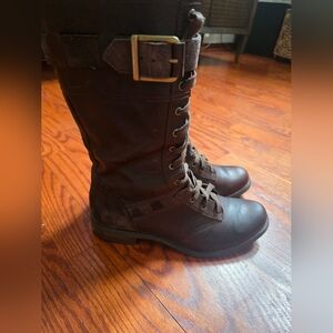 Brown Lace-Up Knee-High Boots with Buckle